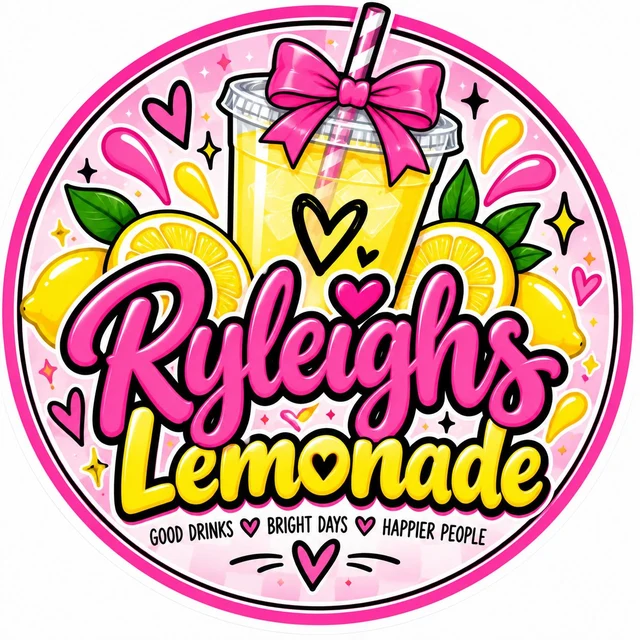 Ryleigh’s Lemonade everyday logo: a pink-bowed lemonade cup with lemons and hearts