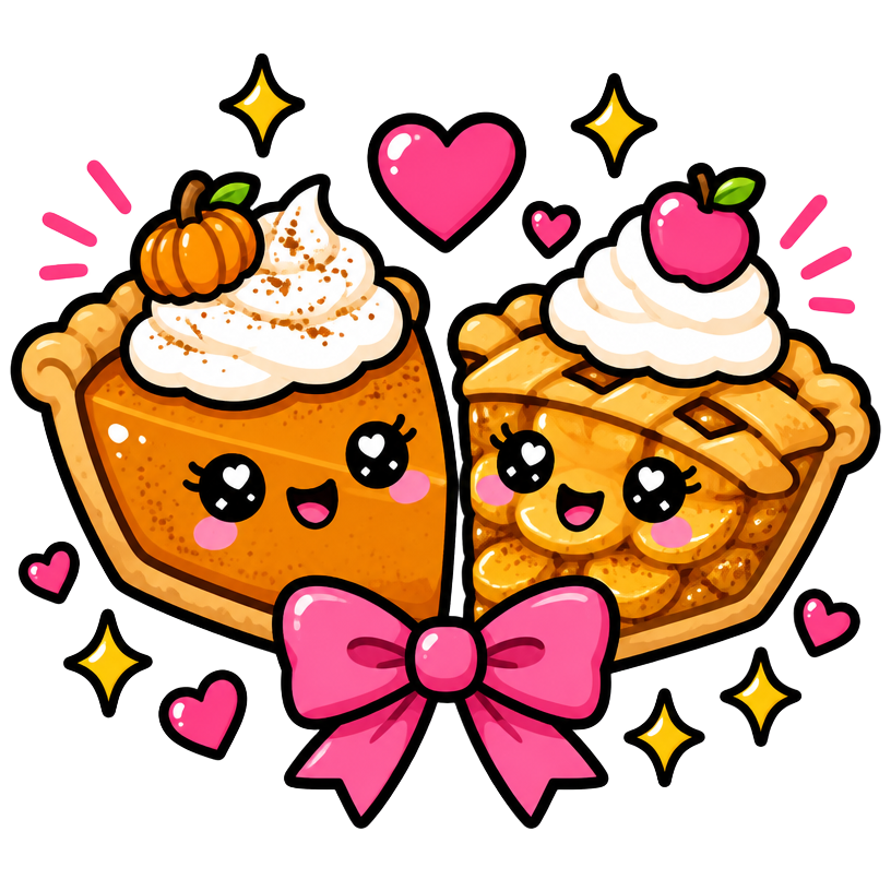 Cute illustrated pumpkin and apple pie slices with a pink bow